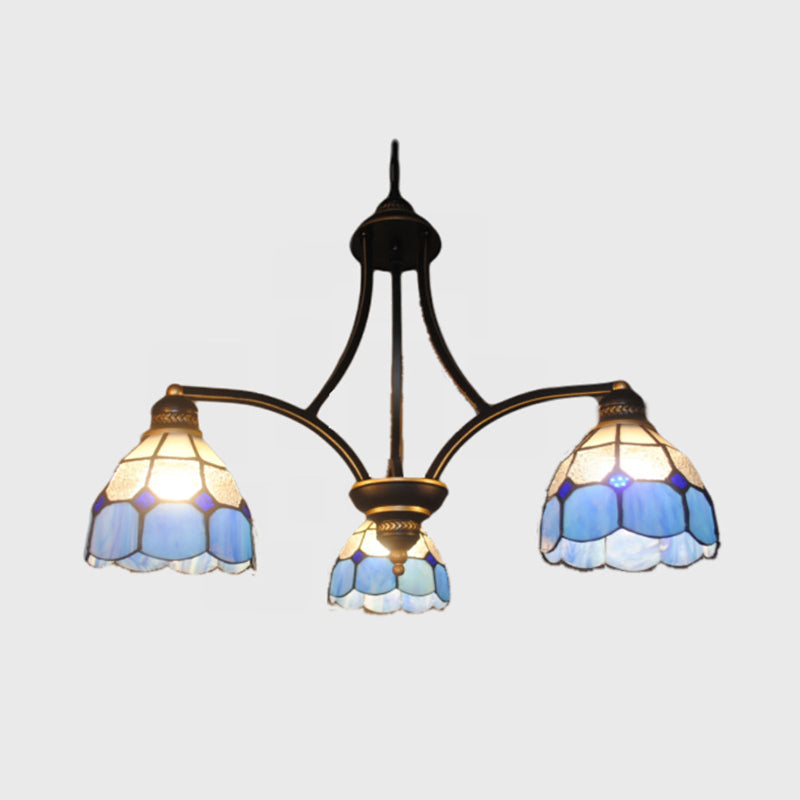 Domed Indoor Chandelier Light 3 Lights Stained Glass Hanging Light in Blue for Dining Table