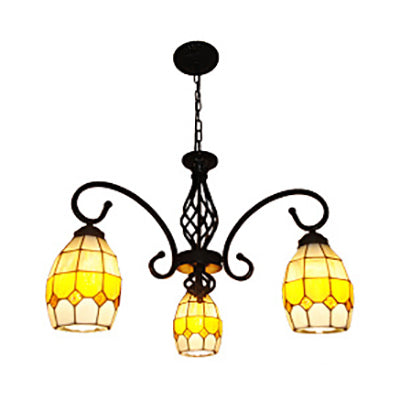 Buntglas ovaler Kronleuchter 3 Lichter Tiffany Anhängerlampe in Brown für Wohnzimmer