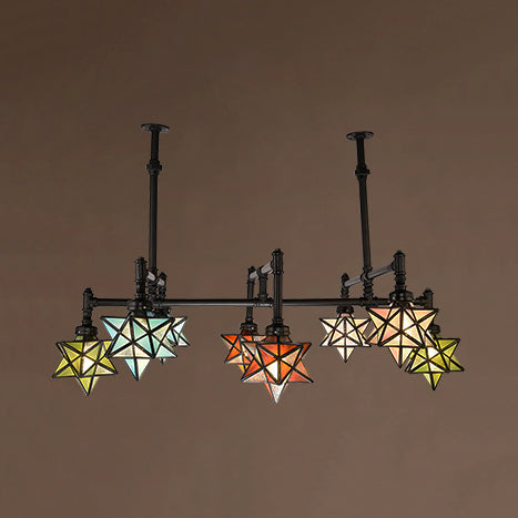 8 Lights Star Pendant Lighting with Star Shape and Hanging Rod Stained Glass Rustic Dining Room Chandelier