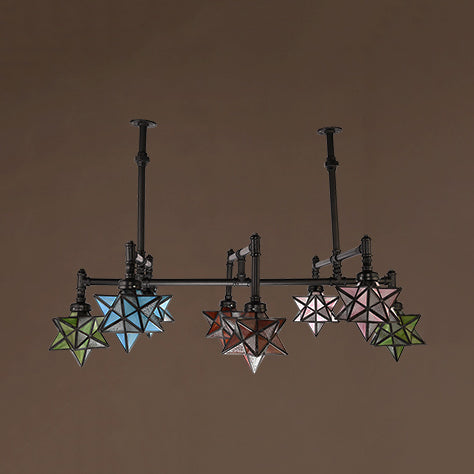 8 Lights Star Pendant Lighting with Star Shape and Hanging Rod Stained Glass Rustic Dining Room Chandelier