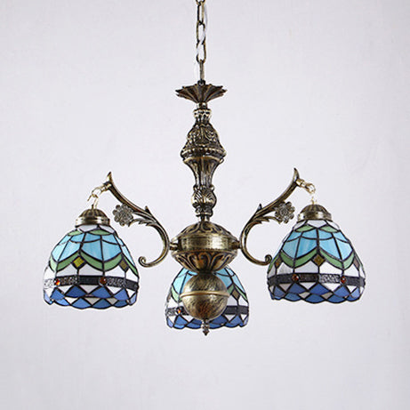 3 Lights Semi Globe Chandelier with Hanging Chain Stained Glass Baroque Ceiling Pendant in Blue