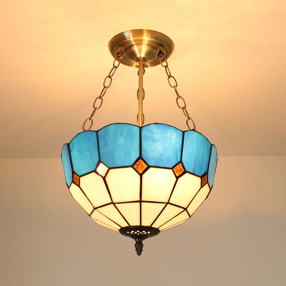 Mediterranean Bowl Ceiling Light Blue Glass Indoor Chandelier Light with 12 Inch Width for Foyer