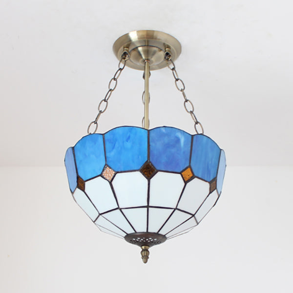 Mediterranean Bowl Ceiling Light Blue Glass Indoor Chandelier Light with 12 Inch Width for Foyer