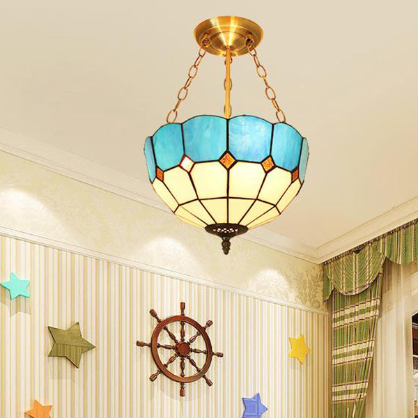 Mediterranean Bowl Ceiling Light Blue Glass Indoor Chandelier Light with 12 Inch Width for Foyer