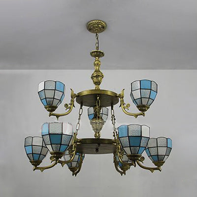 2 Tiers Bowl Hanging Chandelier with 10" Adjustable Chain 9 Lights Stained Glass Living Room Lighting