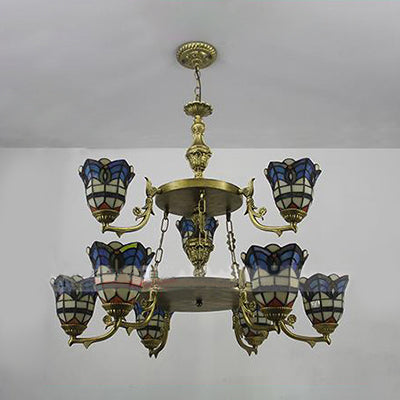 Luce sospesa a campana barocca con vetro colorato a catena regolabile 2 livelli lampadario in blu