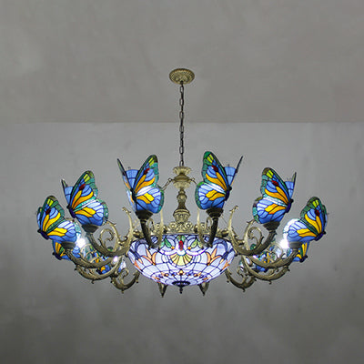 Butterfly Indoor Pendant Light Stained Glass Tiffany Chandelier Lamp in Dark Blue/Sky Blue/Beige/Blue for Hallway