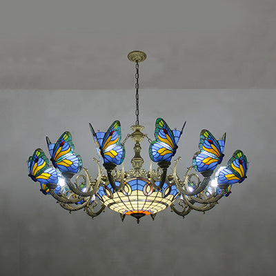 Butterfly Indoor Pendant Light Stained Glass Tiffany Chandelier Lamp in Dark Blue/Sky Blue/Beige/Blue for Hallway