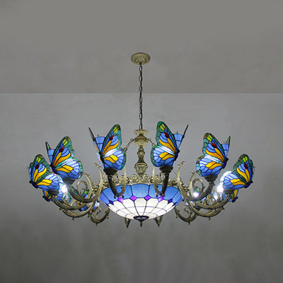 Butterfly Indoor Pendant Light Stained Glass Tiffany Chandelier Lamp in Dark Blue/Sky Blue/Beige/Blue for Hallway