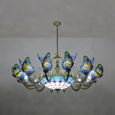 Butterfly Indoor Pendant Light Stained Glass Tiffany Chandelier Lamp in Dark Blue/Sky Blue/Beige/Blue for Hallway