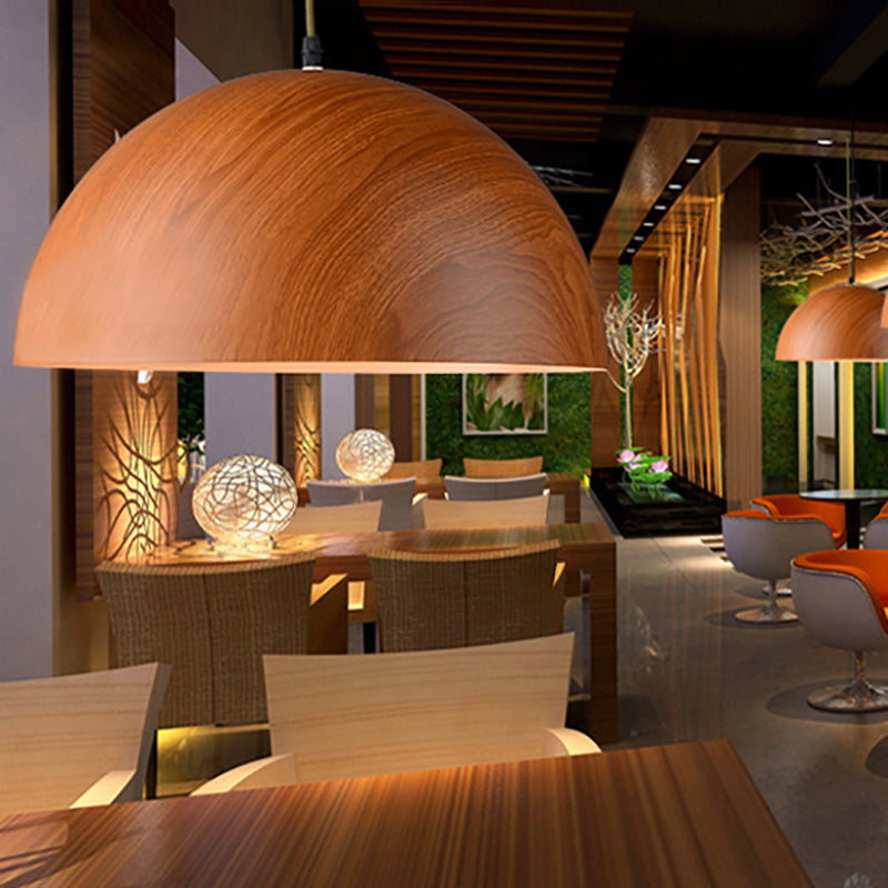 Aluminum Domed Pendant Lighting Contemporary 1 Head Balcony Suspension Light with Wood Design in Dark Brown/Light Brown