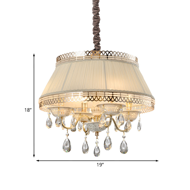 Moderne 4 lampen hanglager kroonluchter met stofschaduw beige taps toelopende trommel kristal omlaag verlichting