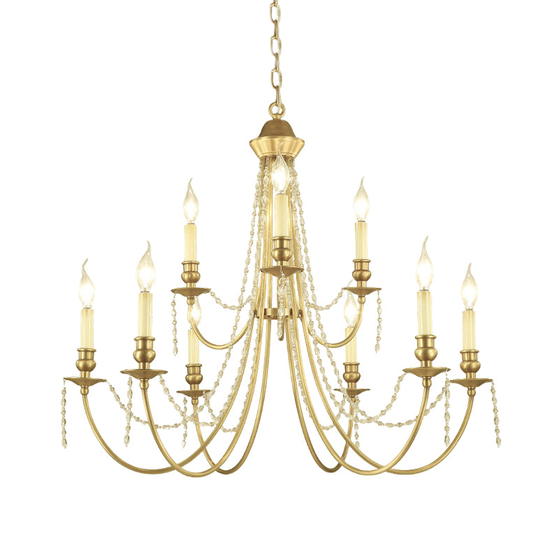Kit de lumière suspendue à la chandelle Countryside Crystal Swag 9 lumières Gold Finish Chandelier Lampe Ayémand avec bras incurvé