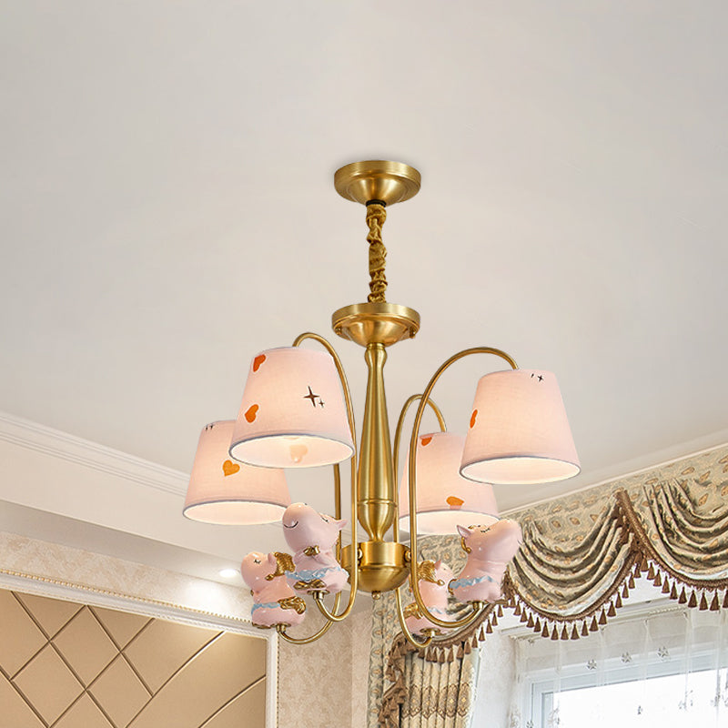 Barrel Fabric Shade Ceiling Chandelier Cartoon 4 Heads Pink Horse Hanging Light with Curved Brass Arm