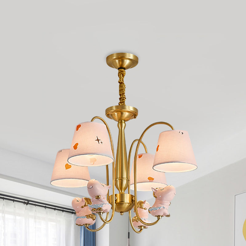 Barrel Fabric Shade Ceiling Chandelier Cartoon 4 Heads Pink Horse Hanging Light with Curved Brass Arm
