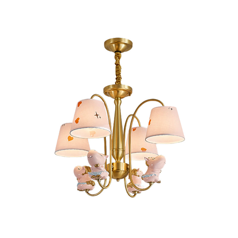 Barrel Fabric Shade Ceiling Chandelier Cartoon 4 Heads Pink Horse Hanging Light with Curved Brass Arm