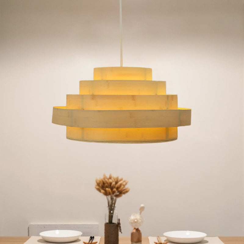 Asian 5-Tier Hoop Pendant Light Kit 1 Head Bamboo Panel Ceiling Hang Fixture in Beige