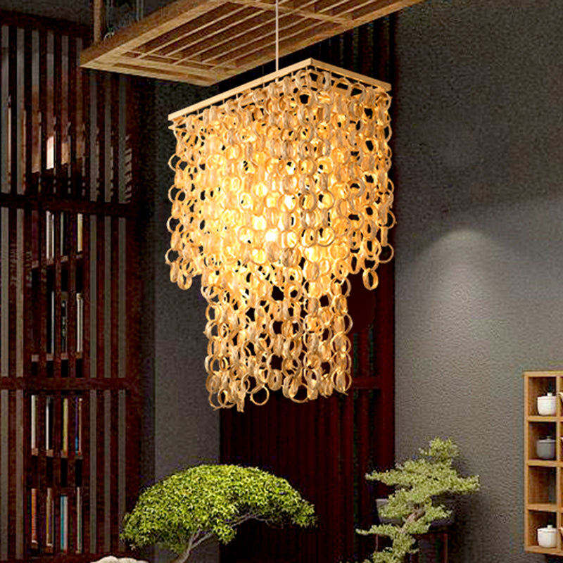 Square/Round Hanging Light with Waterfall Design Asia Bamboo Rattan 2-Bulb Beige Chandelier Pendant Lamp