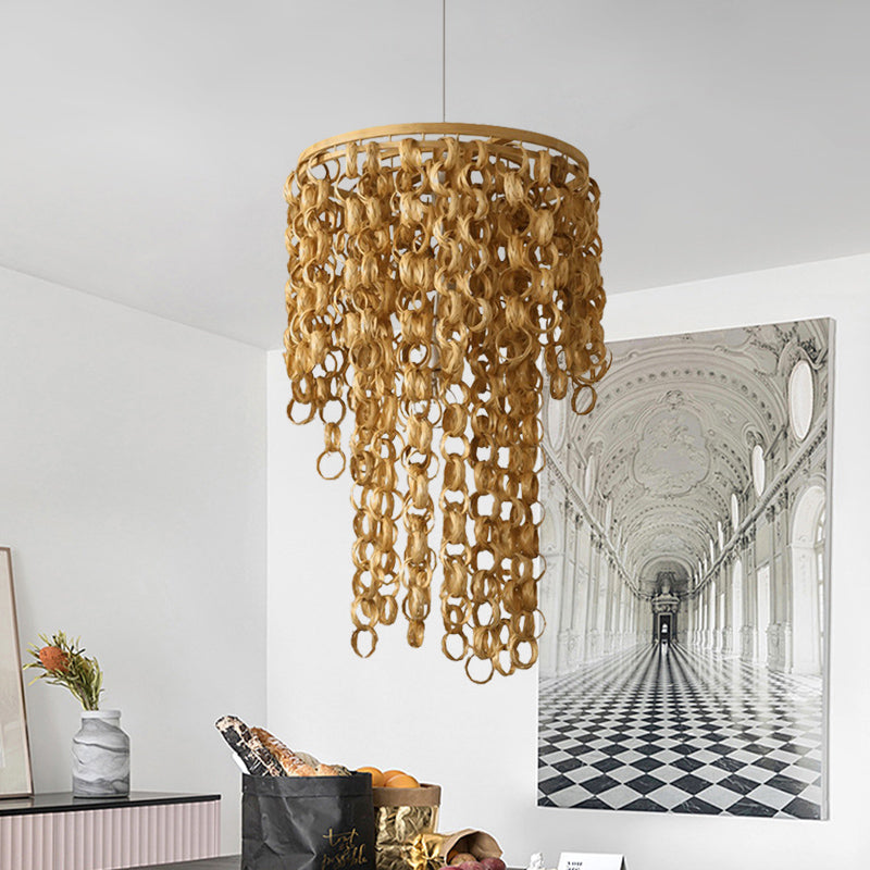 Square/Round Hanging Light with Waterfall Design Asia Bamboo Rattan 2-Bulb Beige Chandelier Pendant Lamp