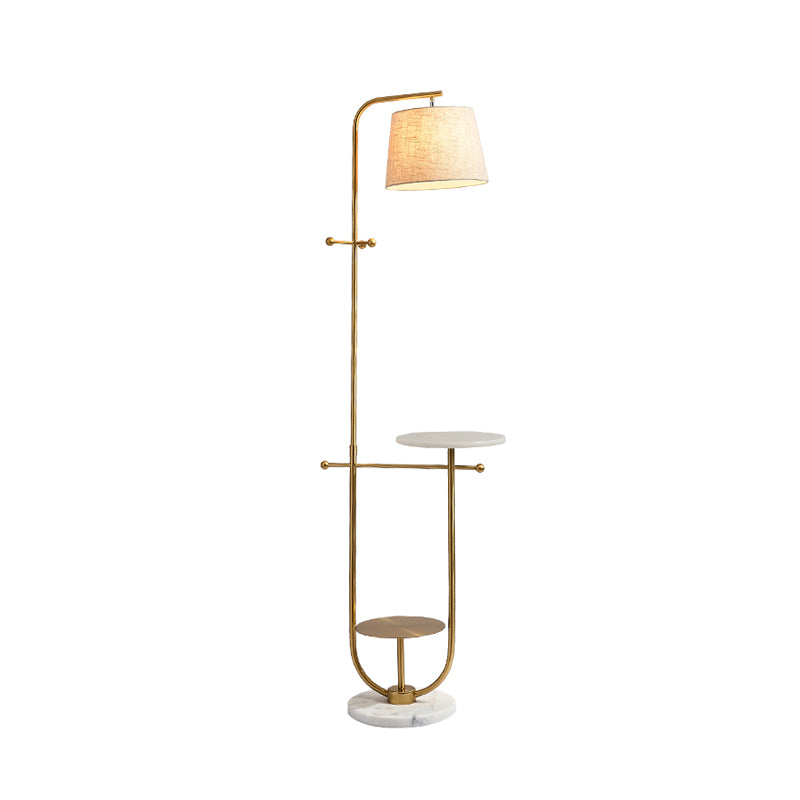 Luz de mesa de pie de brazo curvo Lámpara de tela de tela de tela de acabado de oro de 1 cabezal