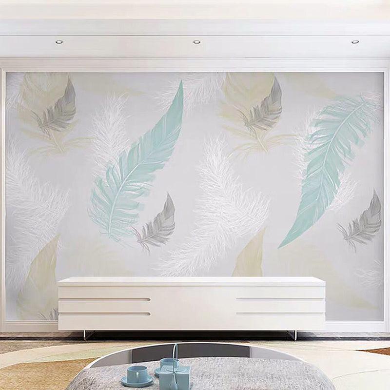 Full Size Feather Wall Art in Grey and Blue Non-Woven Fabric Mural Wallpaper for Home Decoration, Made to Measure