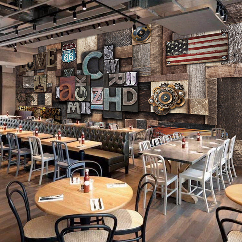 Extra Large Faux Wood Mural Steampunk Novelty Wall Covering in Dark Brown, Custom Size Available