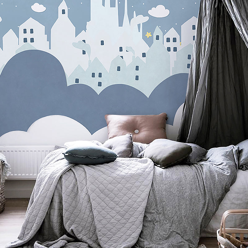 Star and Cloud Mural Wallpaper in Pastel Blue, Scandinavian Wall Decor for Boy or Girl