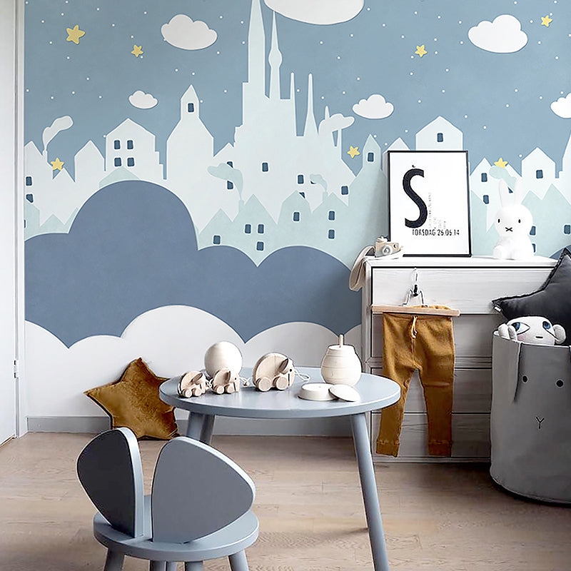 Star and Cloud Mural Wallpaper in Pastel Blue, Scandinavian Wall Decor for Boy or Girl