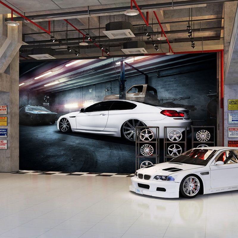 Original Car and Factory Mural White and Blue Wall Car Shop Wall Decor, Custom Size Available