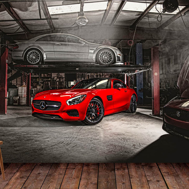 Red Car and Factory Wall Mural Stain-Resistant Wall Art for Car Shop