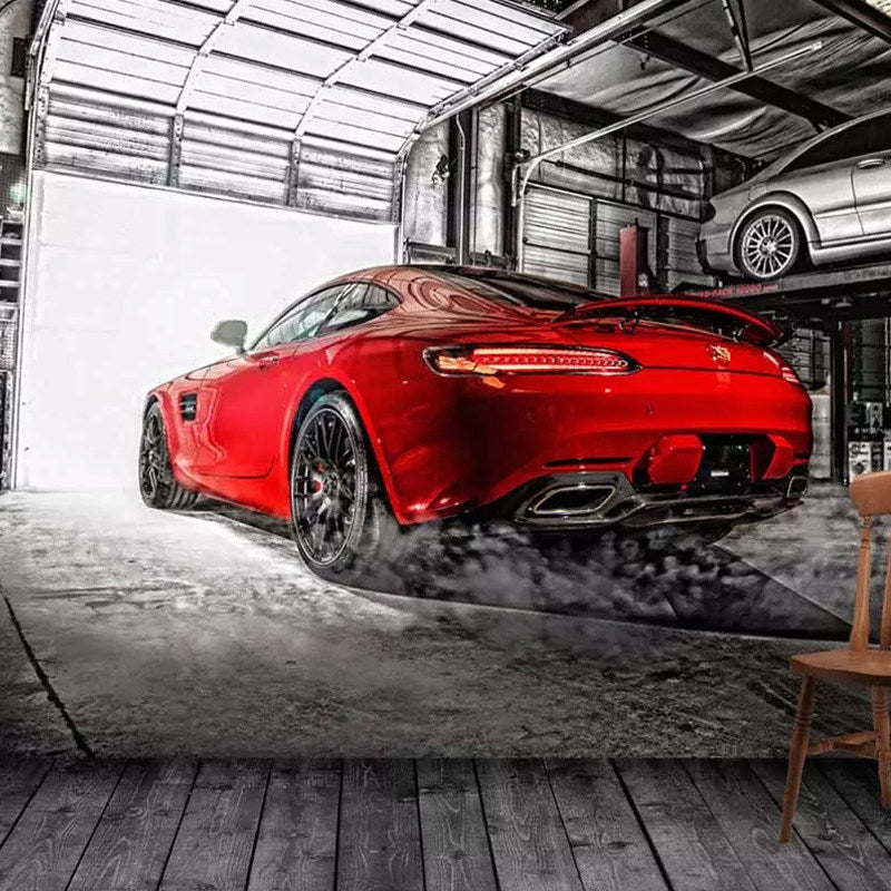Red Car and Factory Wall Mural Stain-Resistant Wall Art for Car Shop
