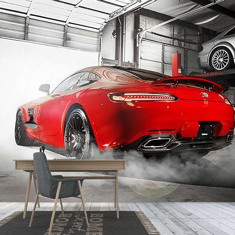 Red Car and Factory Wall Mural Stain-Resistant Wall Art for Car Shop