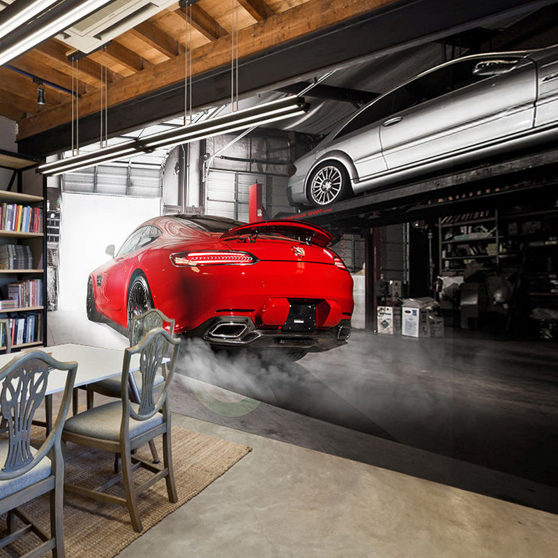 Red Car and Factory Wall Mural Stain-Resistant Wall Art for Car Shop