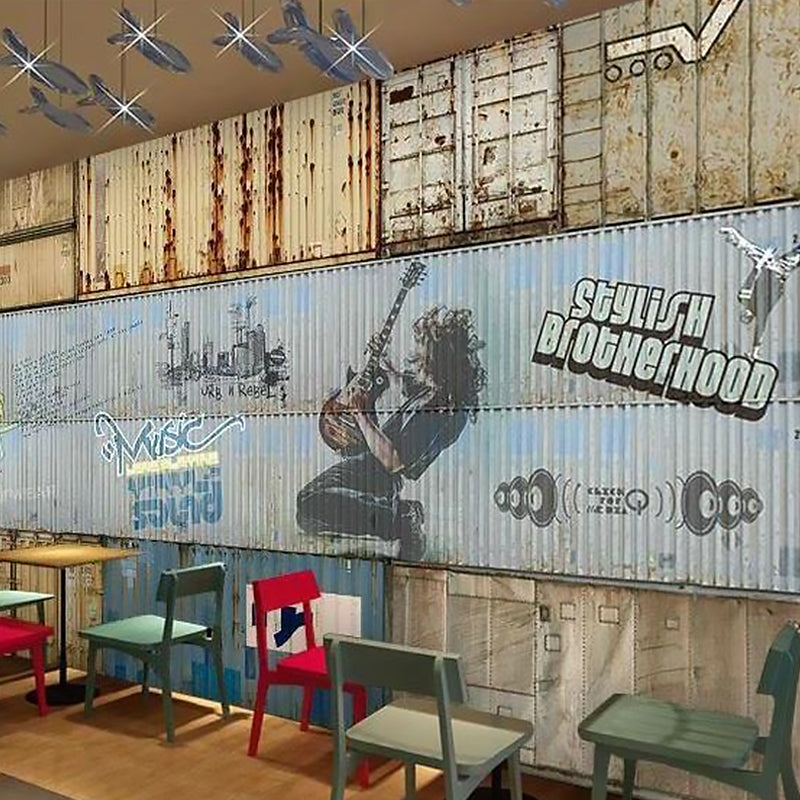 Extra Large Vintage Wall Decor Blue Container and Music Mural, Custom Size Available