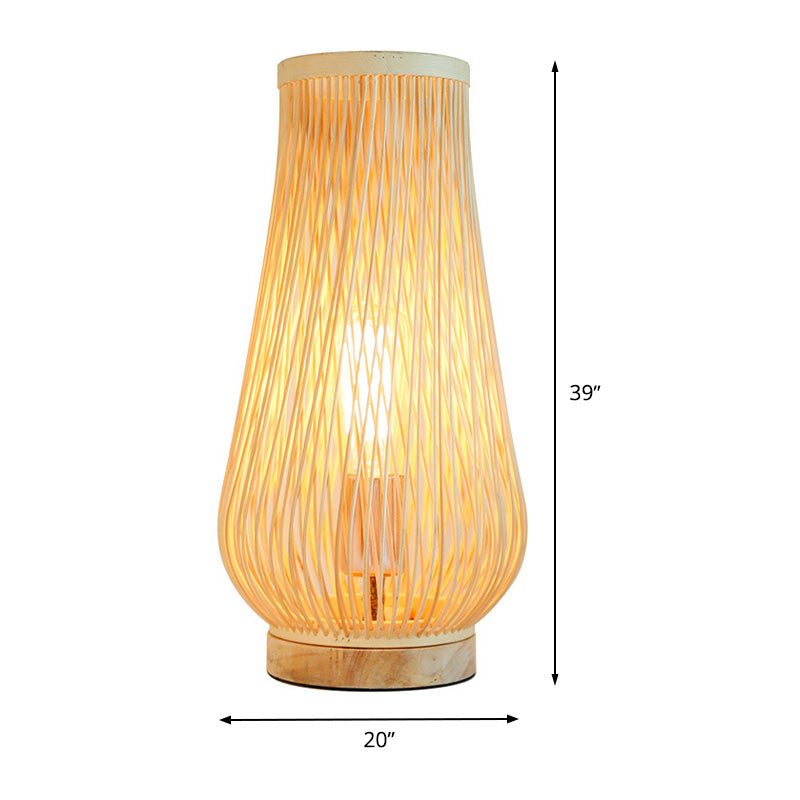 Lampada da tavolo per camera da letto a testa singola Lampada da scrivania beige in stile asiatico con paralume in bambù a goccia
