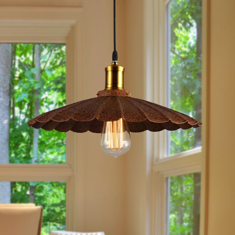 Rust Finish Scalloped Pendant Light Lodge Style Iron 1 Light Kitchen Hanging Lamp, 10"/12" Diameter