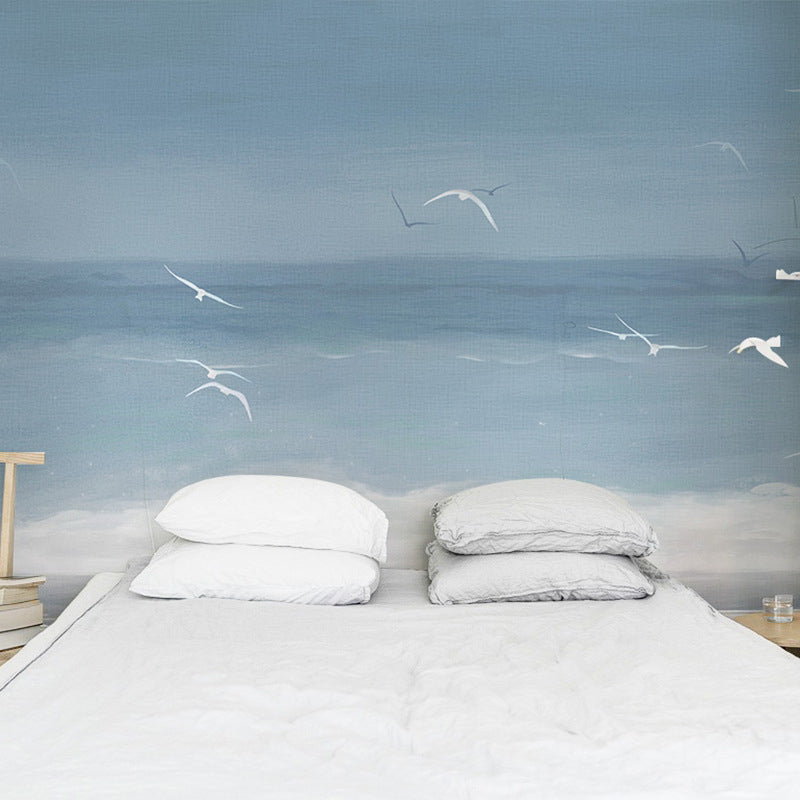 Whole Minimalist Mural Wallpaper Grey and White Seagull Wall Covering, Personalized Size Available