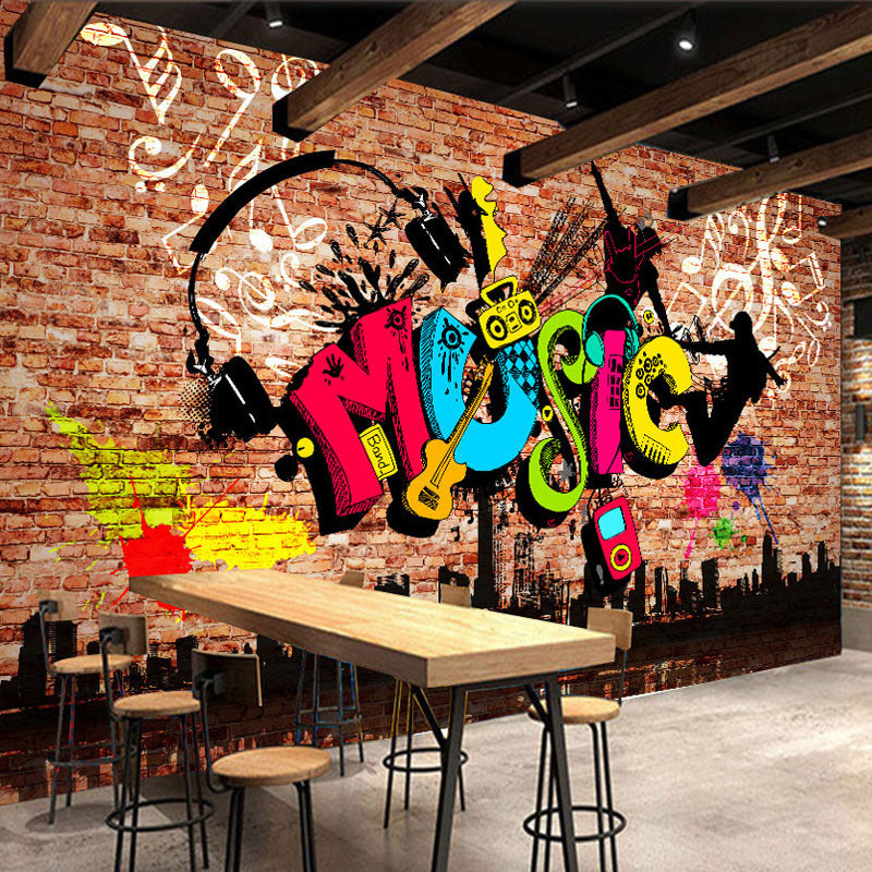 Novelty Brick and Graffiti Mural Wallpaper for Accent Wall, Customized Wall Art in Multi-Color