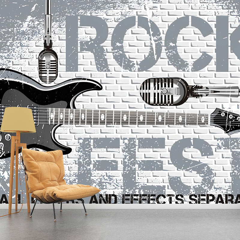 Guitar Wall Mural in Grey, Fashion Wall Covering for Accent Wall