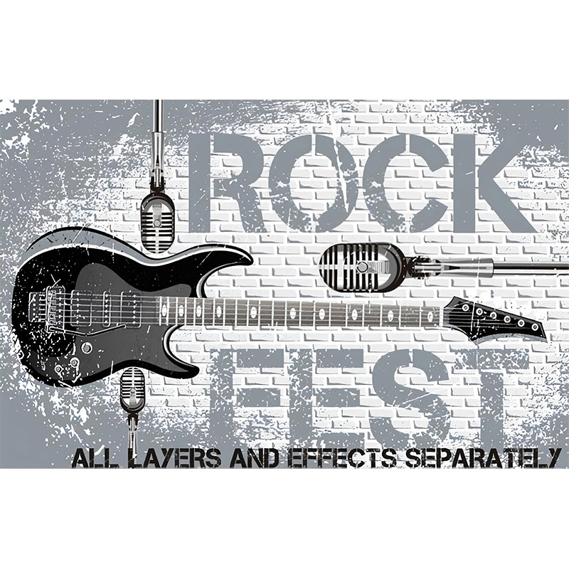 Guitar Wall Mural in Grey, Fashion Wall Covering for Accent Wall