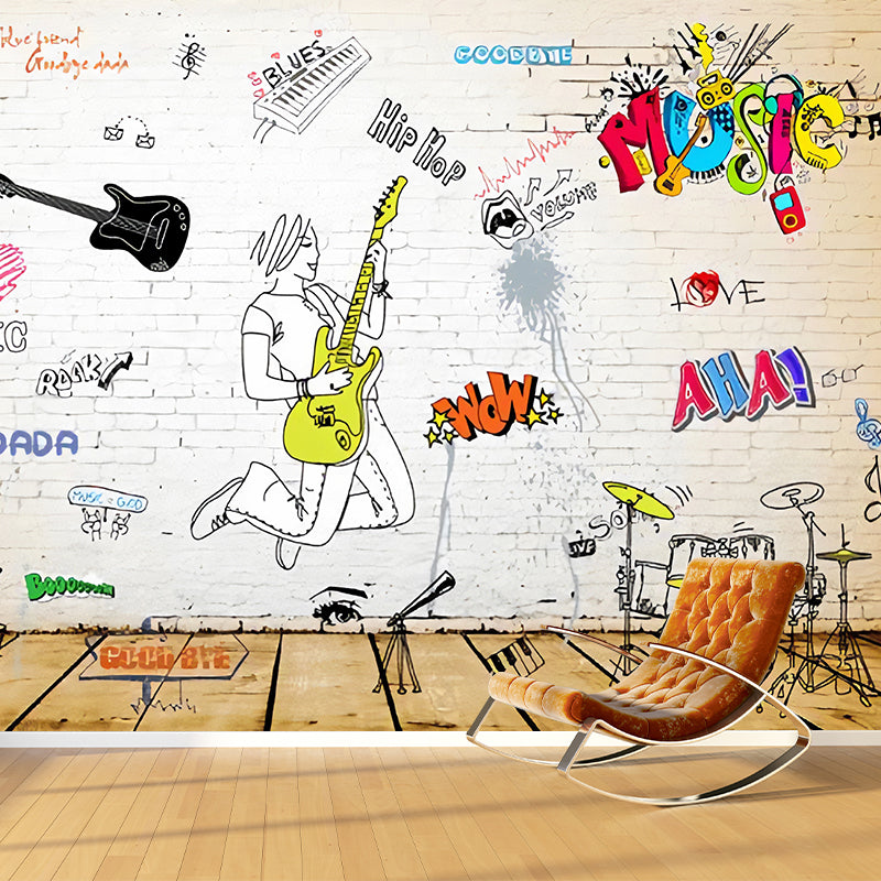Big Graffiti and Brick Mural for Bedroom Guitar Wall Decor in Yellow for Gym