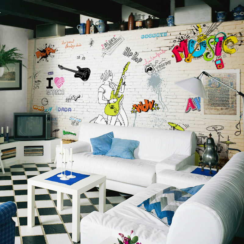 Big Graffiti and Brick Mural for Bedroom Guitar Wall Decor in Yellow for Gym