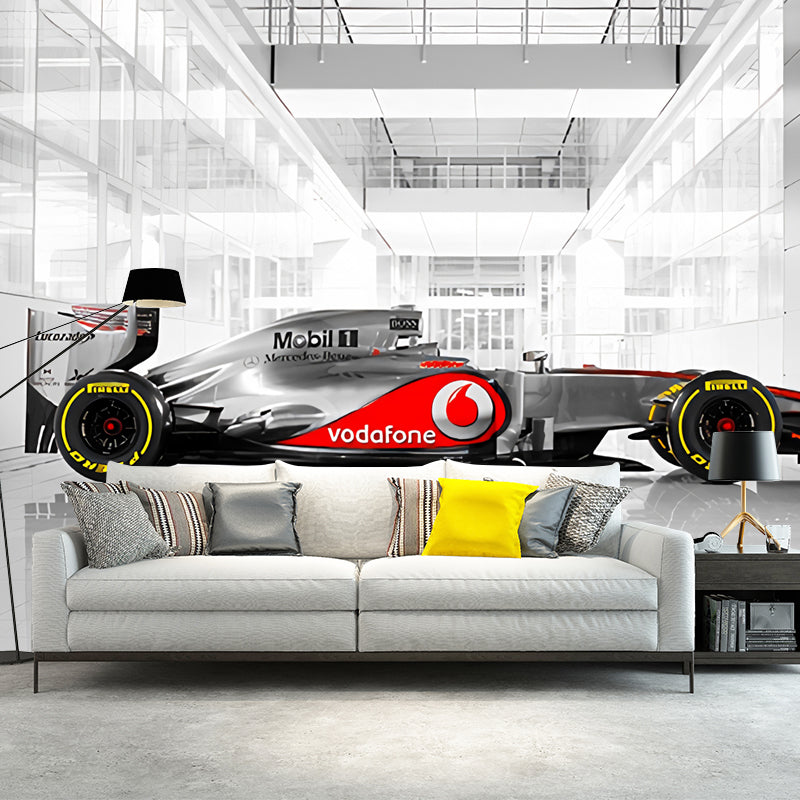 Giant Race Car Wall Art Grey and Red Non-Woven Fabric Wall Mural for Home Decor, Custom-Printed