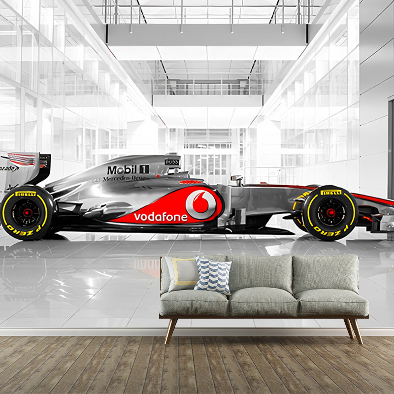 Giant Race Car Wall Art Grey and Red Non-Woven Fabric Wall Mural for Home Decor, Custom-Printed