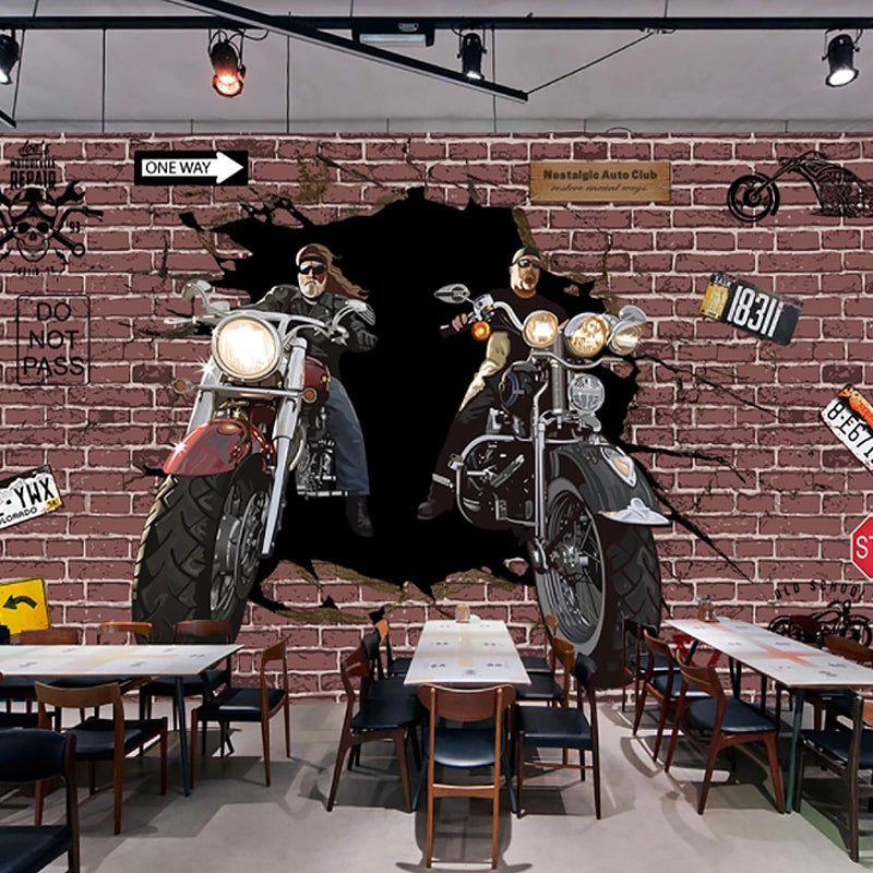 Full Unique Wall Mural Brown Brick and Motorcycle Wall Covering, Made to Measure