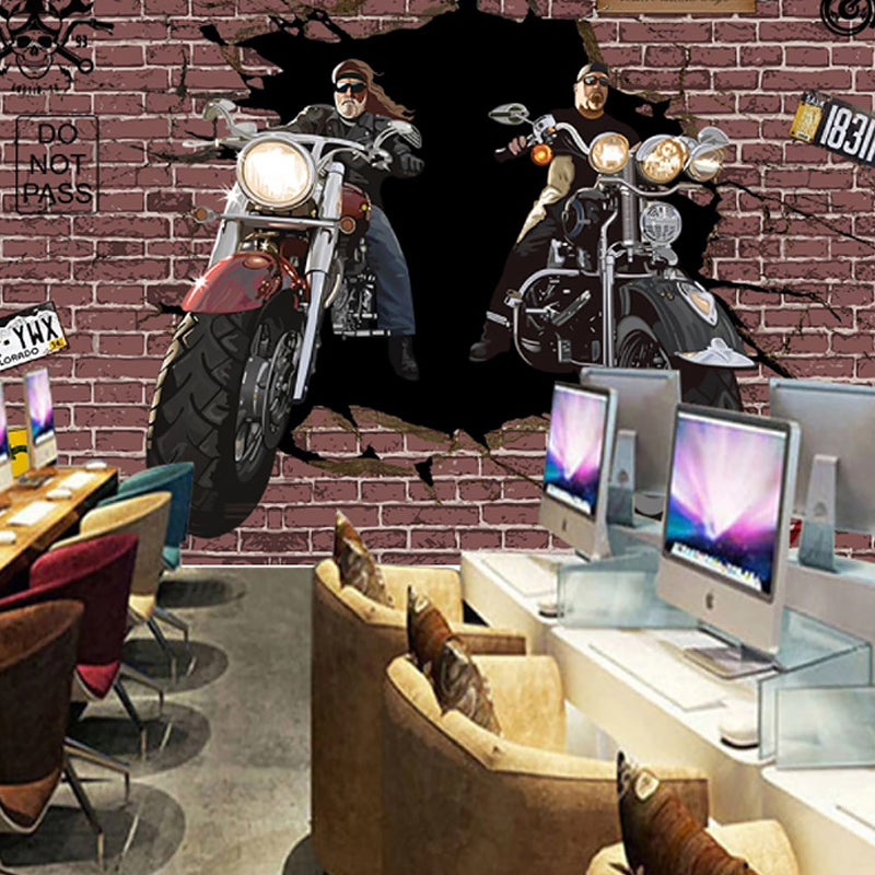Full Unique Wall Mural Brown Brick and Motorcycle Wall Covering, Made to Measure