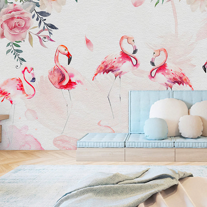 Pink Flamingo Wall Art Water-Resistant Mural Wallpaper for Girl's Bedroom