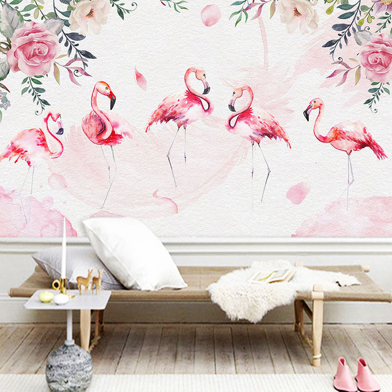 Pink Flamingo Wall Art Water-Resistant Mural Wallpaper for Girl's Bedroom