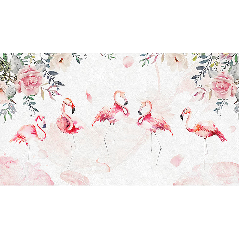 Pink Flamingo Wall Art Water-Resistant Mural Wallpaper for Girl's Bedroom