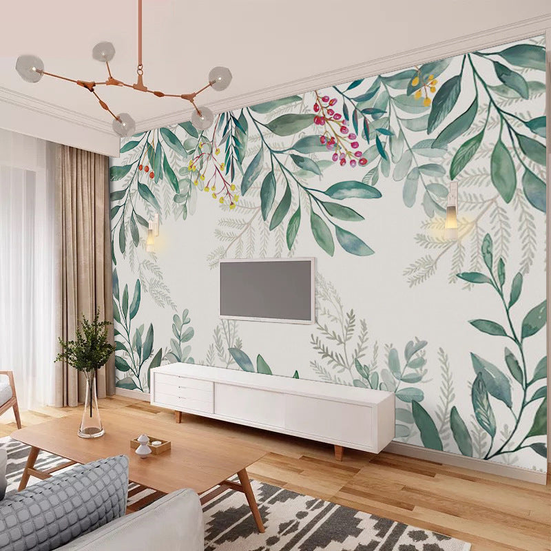 Full Nordic Mural Wallpaper Pastel Green Leaf and Stem Wall Decor, Made to Measure